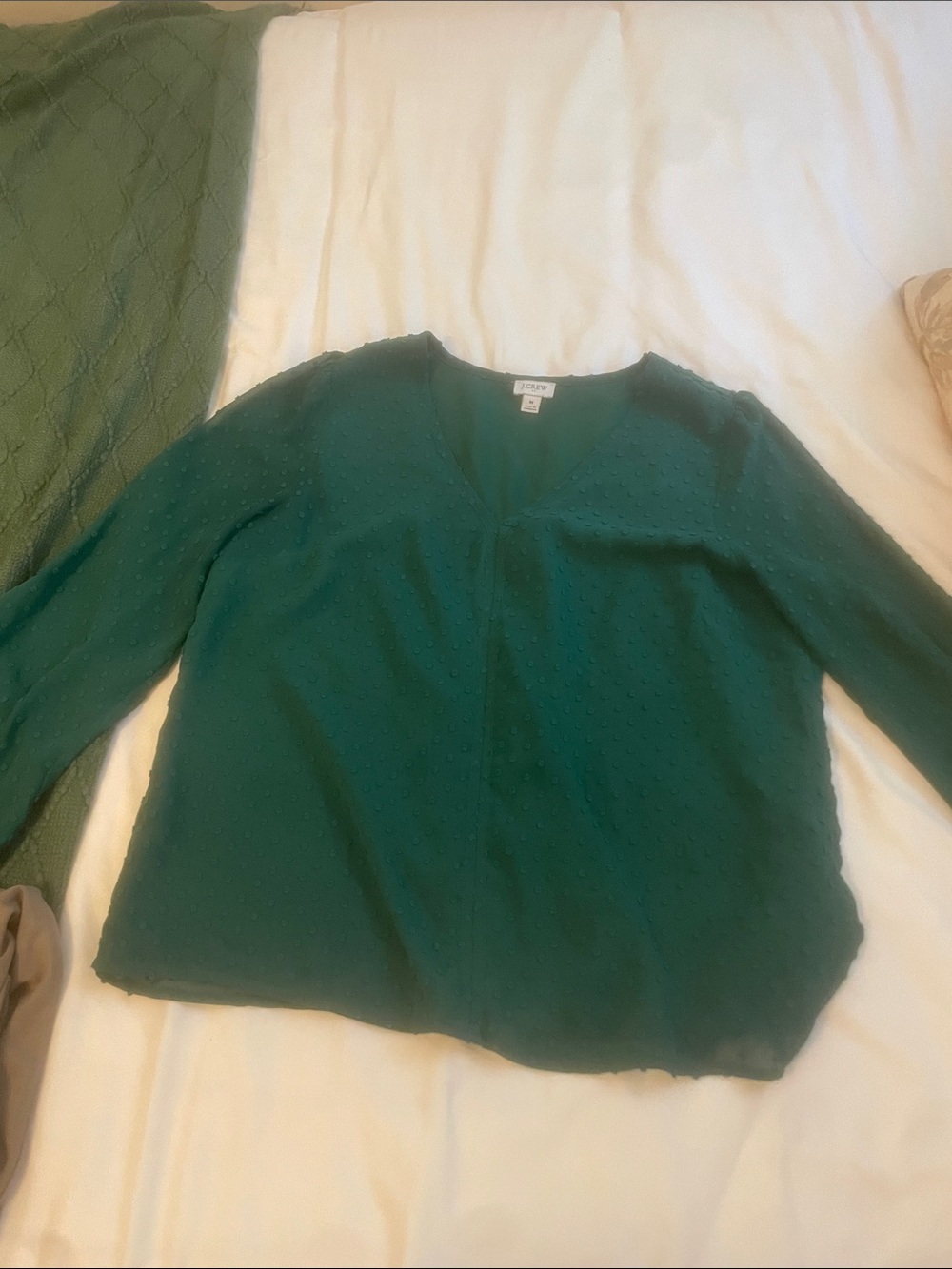 JCREW Forest Green V-Neck Swiss Dot Blouse